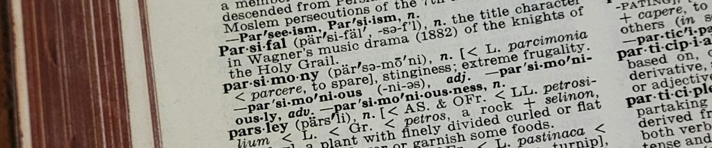 Closeup of Parsimony entry in a dictionary