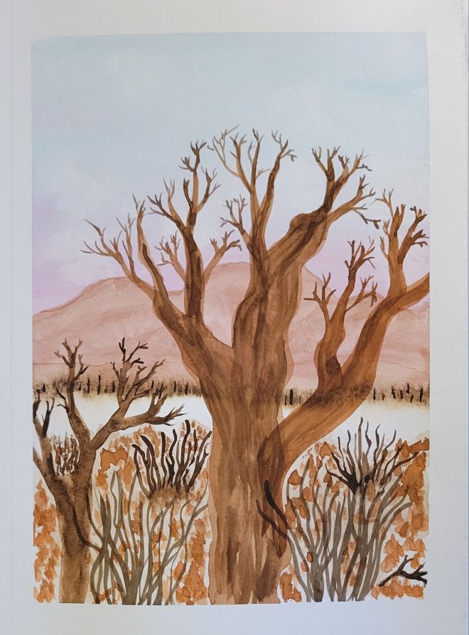 Watercolor winter trees against backdrop of bare mountains