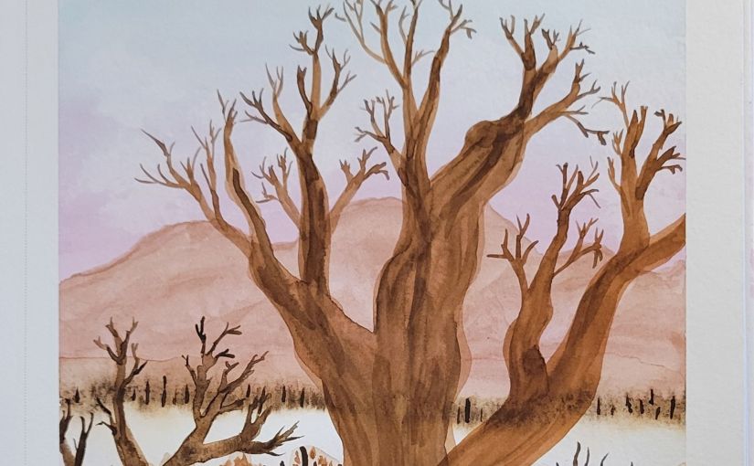 Watercolor winter trees against backdrop of bare mountains