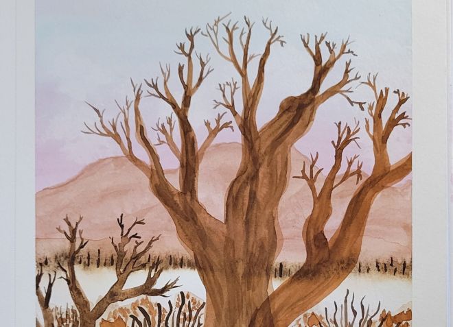 Watercolor winter trees against backdrop of bare mountains