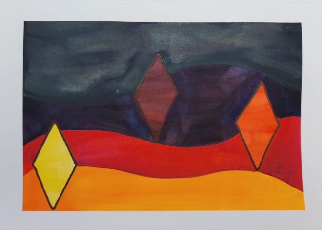 Watercolor painting of diamond shapes on hills
