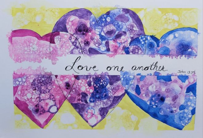 Hearts painted with soapy bubbles and watercolor